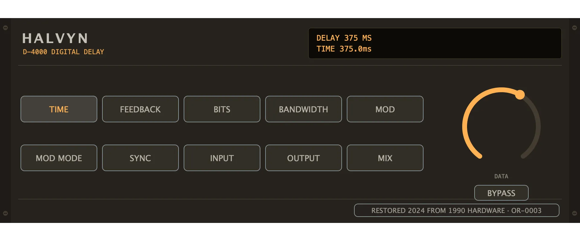 The restored Halvyn D-4000 — Digital Delay: its faceplate as issued.
