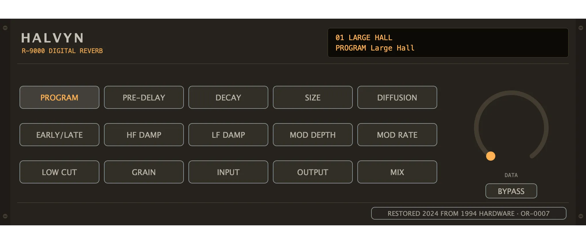 The restored Halvyn R-9000 — Digital Reverb (flagship): its faceplate as issued.