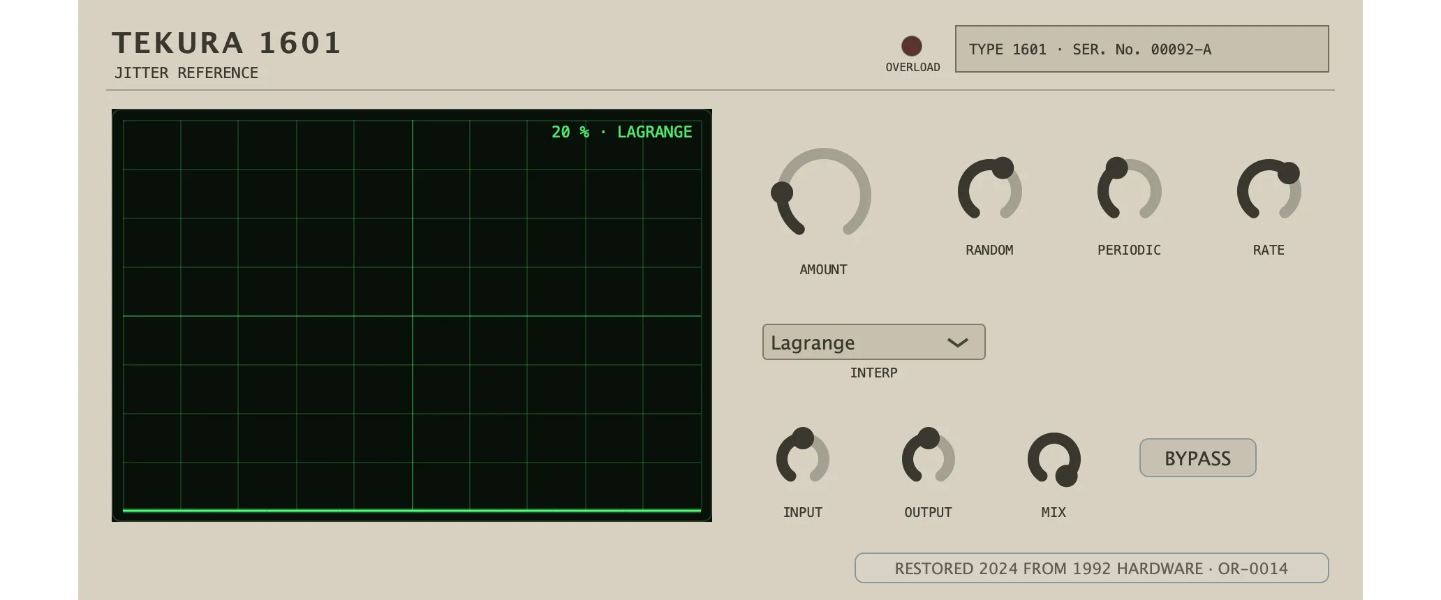 The restored Tekura 1601 — Jitter Reference: its faceplate as issued.
