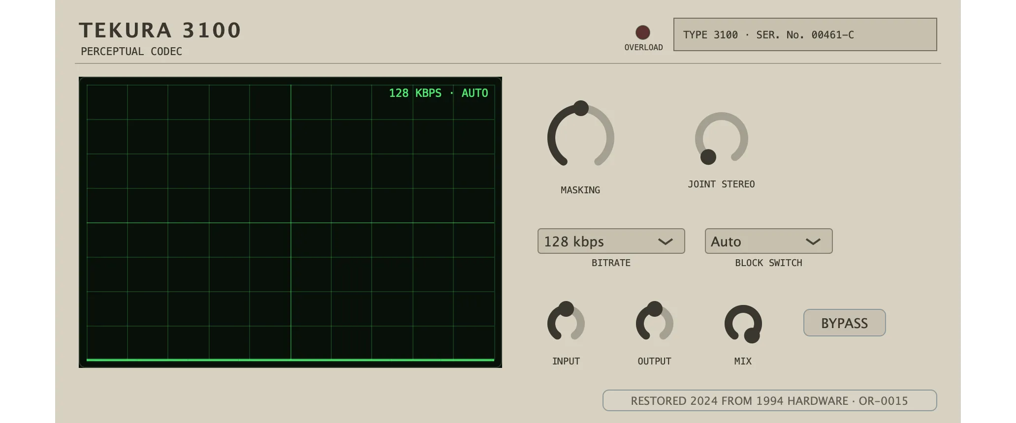 The restored Tekura 3100 — Perceptual Codec: its faceplate as issued.