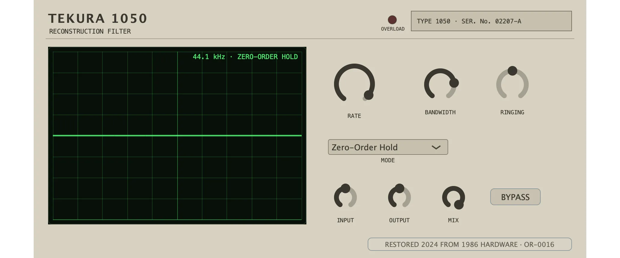 The restored Tekura 1050 — Reconstruction Filter: its faceplate as issued.