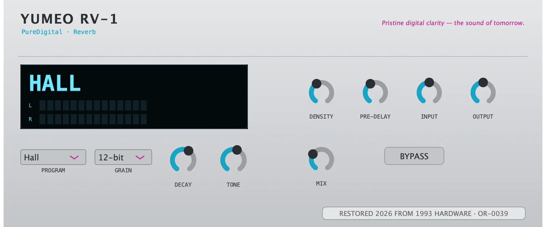 The restored Yumeo RV-1 — PureDigital Reverb: its faceplate as issued.